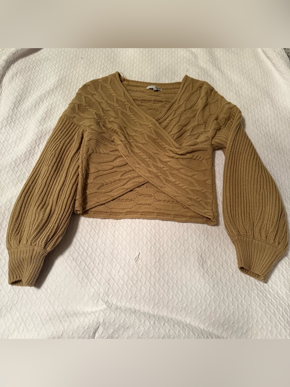 Fashion Nova Camel Cable Knit V-Neck Cropped Sweater